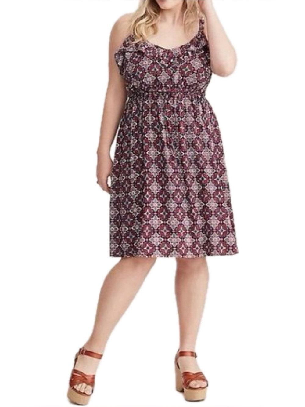 Torrid Medallion Print Ruffle Challis Tank Dress in Red